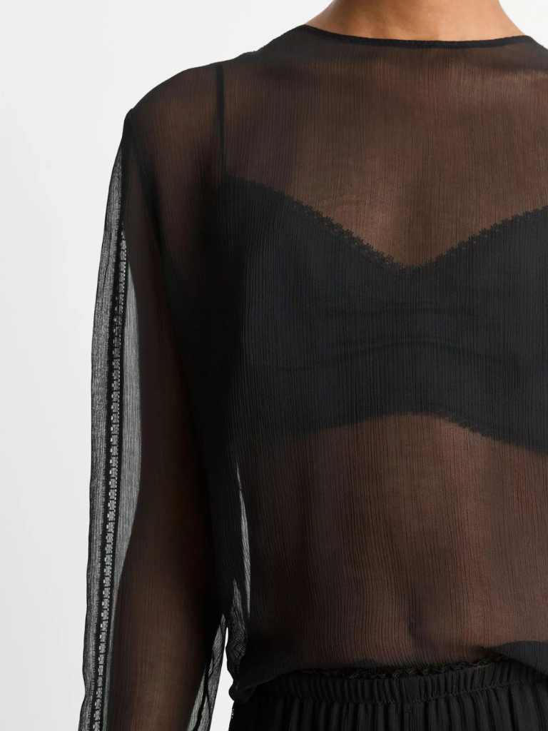 Lace-Trim Sheer Chiffon Top in Black