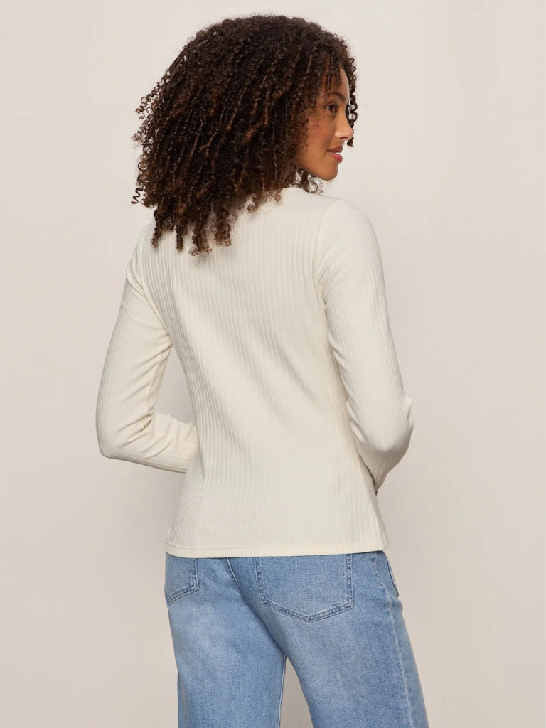 Button Front Long Sleeve Rib Top in Collagen