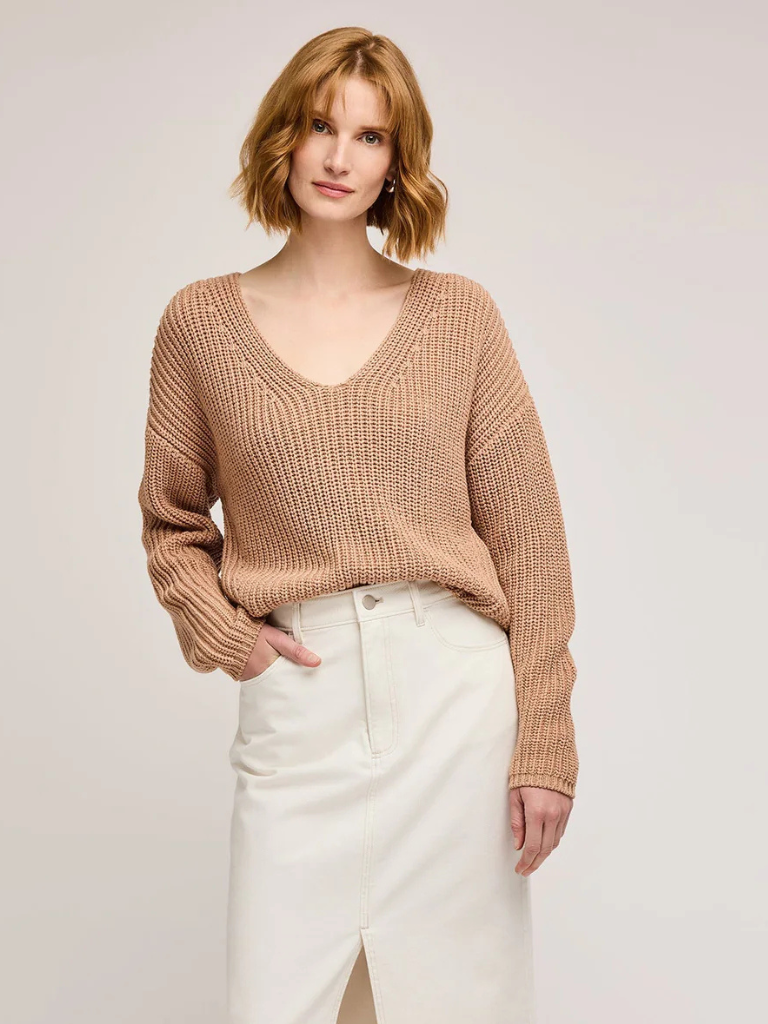 Spencer V-Neck Knit Sweater in Tan