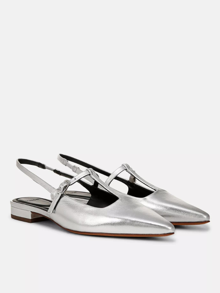 Iliana Metallic Leather Slingback Flat in Silver