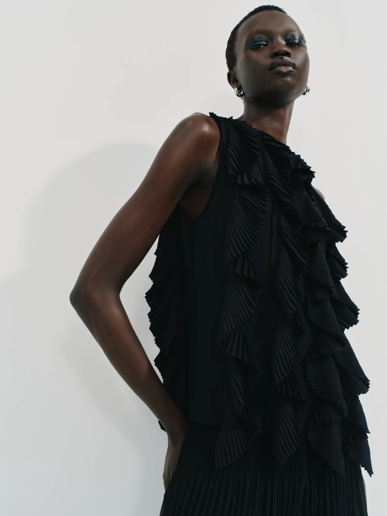 Neo Organza Pleated Top in Black
