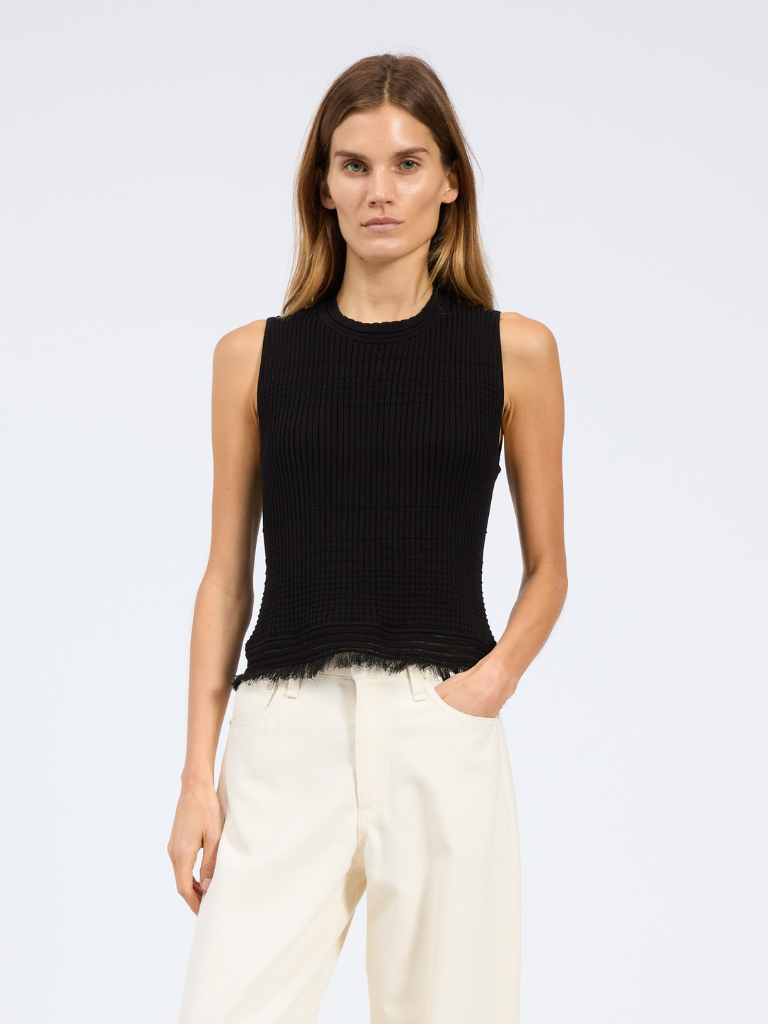 Ayan Rib Knit Fringe Trim Tank in Black