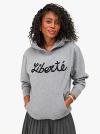 Hoodie in Grey Melange w/ Black Embroidered Liberté