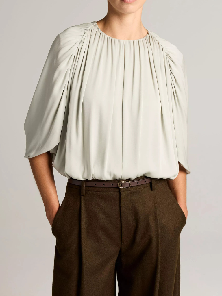 Stretch-Silk Cape-Sleeve Bubble Blouse in Stone Sage