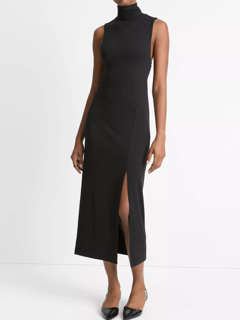 Side-Slit Sleeveless Turtleneck Dress in Black