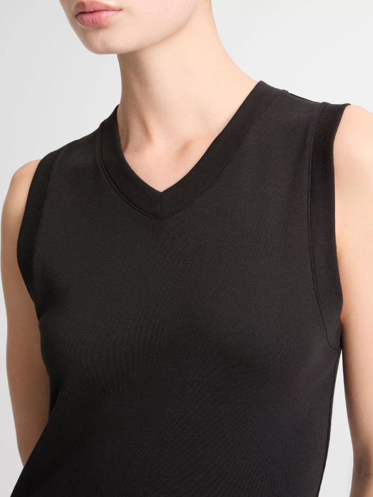 Pima Cotton-Blend High V-Neck Shell in Black