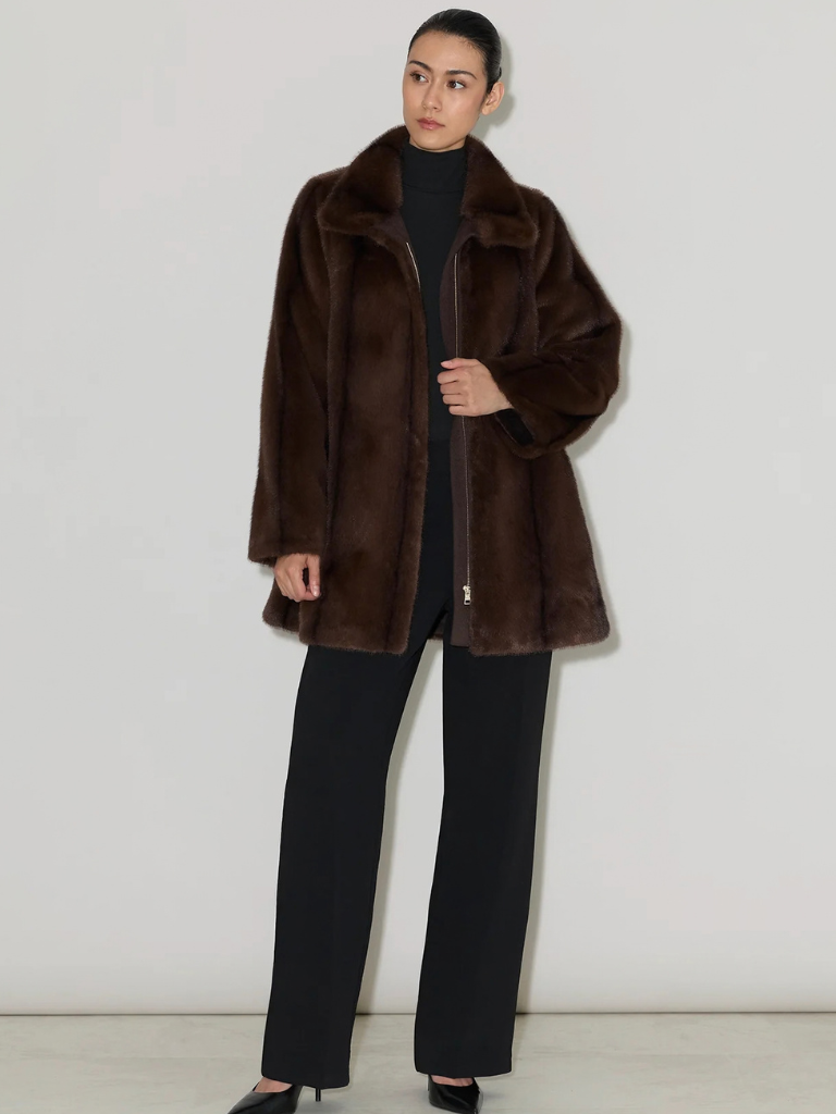 Sheila Faux Mink Fur Swing Coat in Espresso