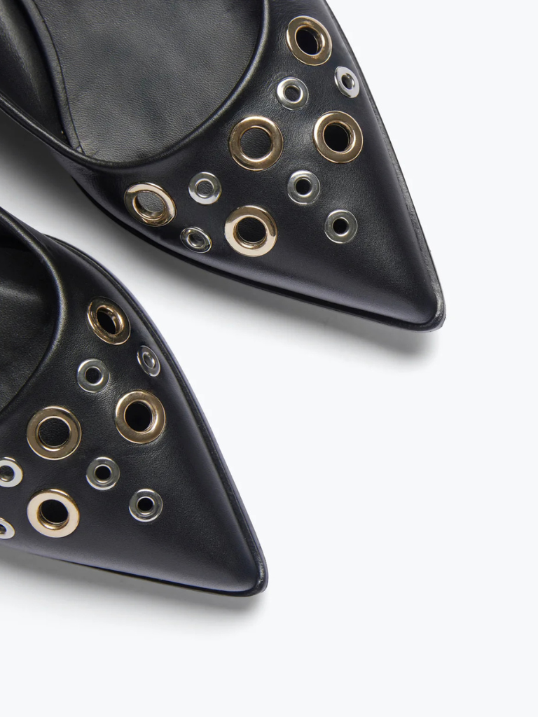 Marie Slingback Point Flat in Black Calf w/Mixed Grommets