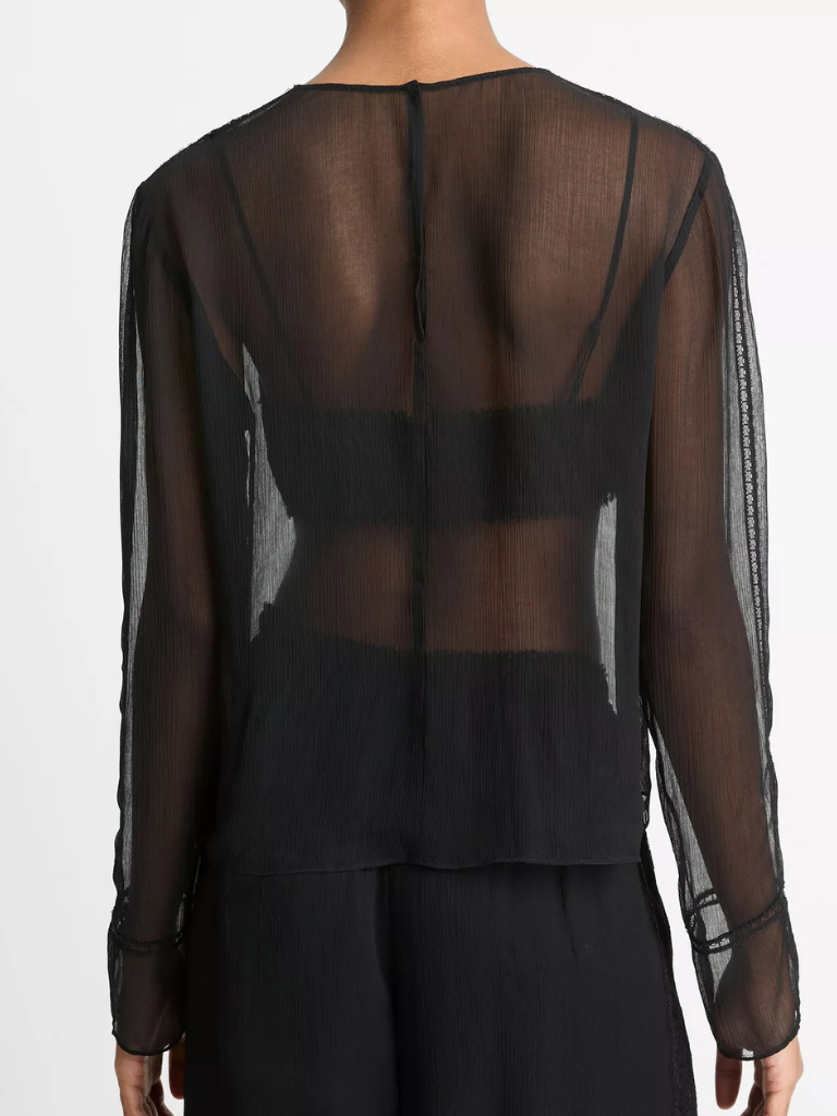 Lace-Trim Sheer Chiffon Top in Black