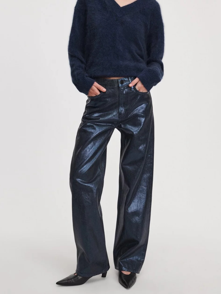 Logan Foil-Coated Wide-Leg Jean in Dark Rinse