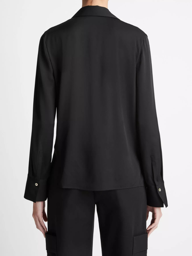 Stretch-Silk Long-Sleeve Polo Blouse in Black