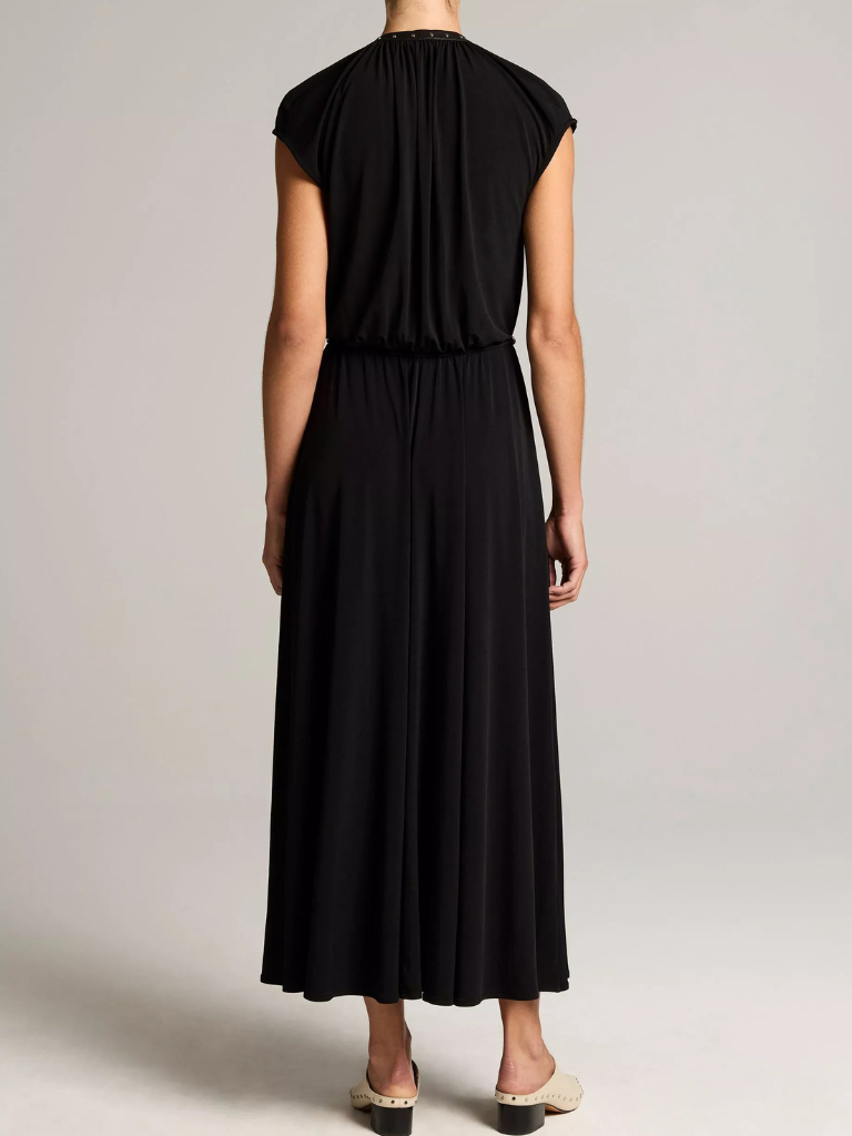 Studded Matte Jersey Cap-Sleeve Dress in Black