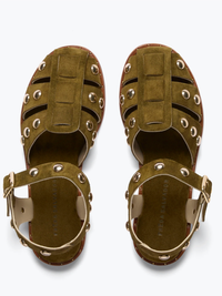 Sera Fisherman Sandal in Olive Suede with Gold Studs