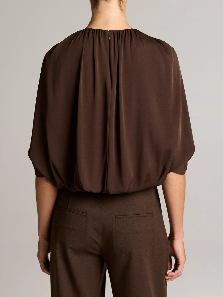 Stretch-Silk Cape-Sleeve Bubble Blouse in Pinewood