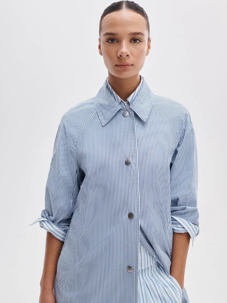 Gayle Striped Poplin Trench Coat in Blue Stripe