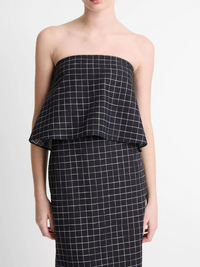 Trellis Plaid Cotton-Blend Tie-Back Top in Black/Cream