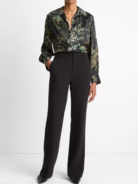 Smocked Grape Vine Silk Long-Sleeve Blouse in Black