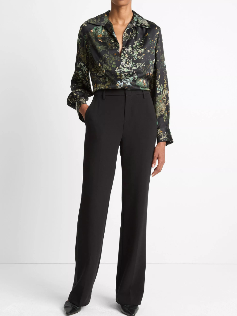 Smocked Grape Vine Silk Long-Sleeve Blouse in Black