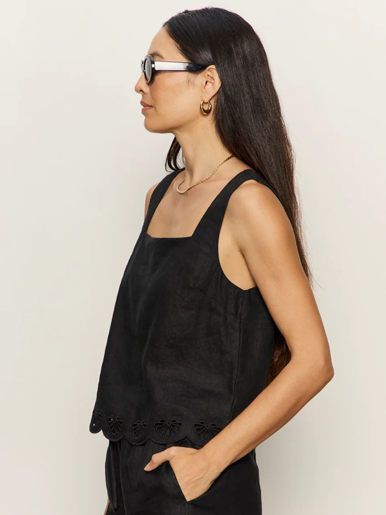 Almost There Scallop Hem Sleeveless Linen Top in Black