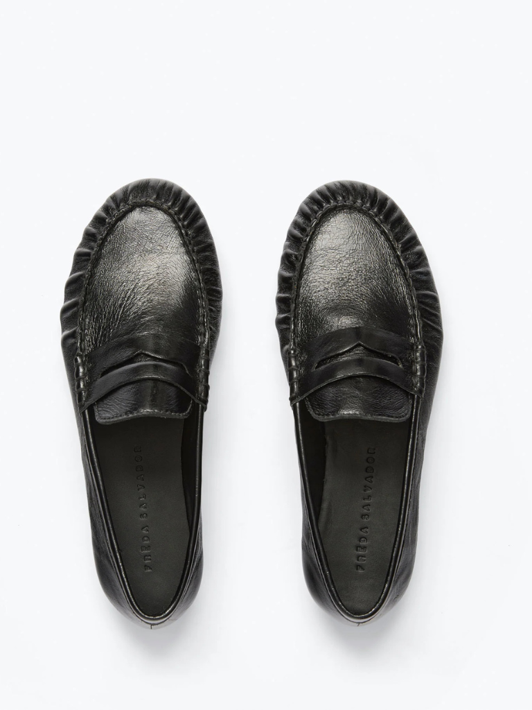 Sydney Ruched Penny Loafer in Black Crinkle