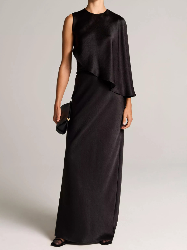 Satin Asymmetric Draped Cape Top in Black