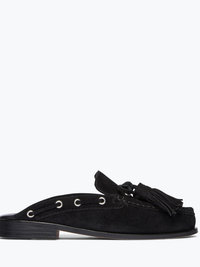 Leon Tassel Penny Loafer Mule in Black Suede