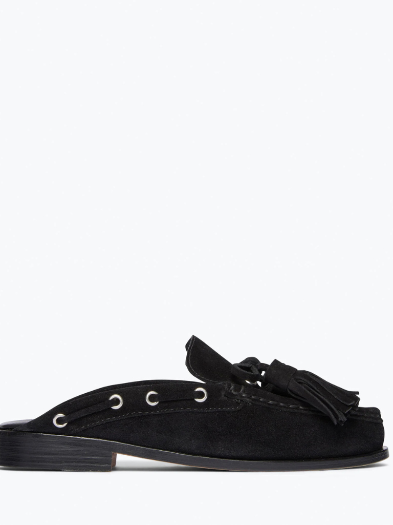 Leon Tassel Penny Loafer Mule in Black Suede
