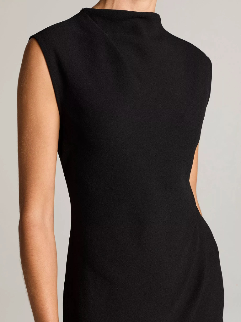 Draped Crepe Funnel-Neck Dress in Black