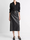 Faux-Leather-Trim Crepe Button-Front Shirt in Black