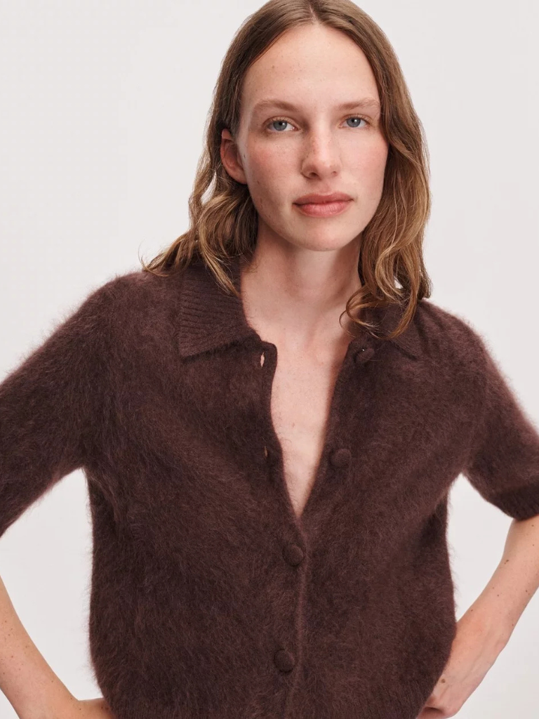 Jada Brushed Cashmere Cardigan in Dark Brown
