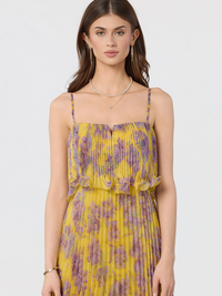 Makennah Plissé Floral Maxi Dress in Yellow/Purple Floral