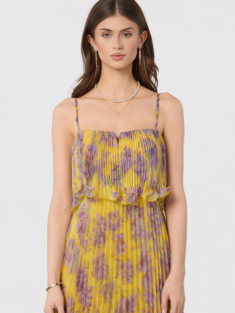 Makennah Plissé Floral Maxi Dress in Yellow/Purple Floral