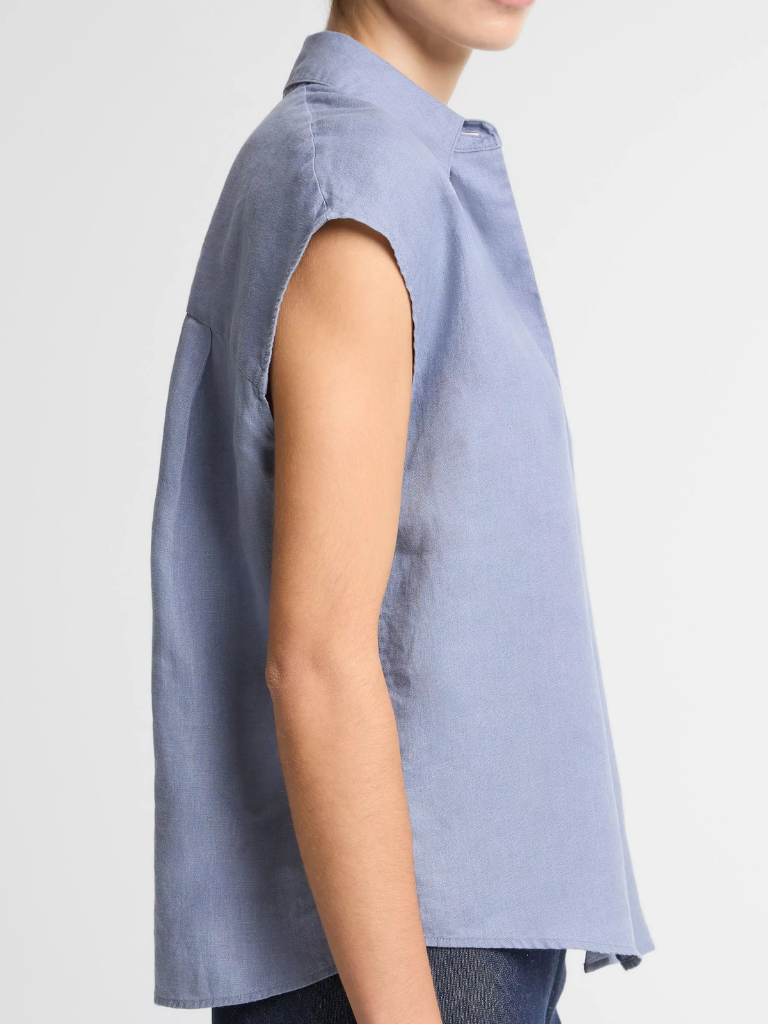 Linen Cap-Sleeve Button-Front Blouse in Azul