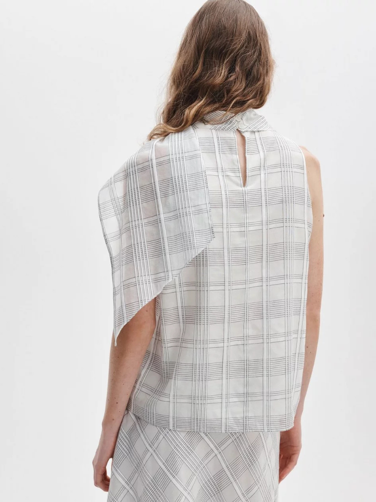Adela Cotton-Silk Plaid Top in White Plaid