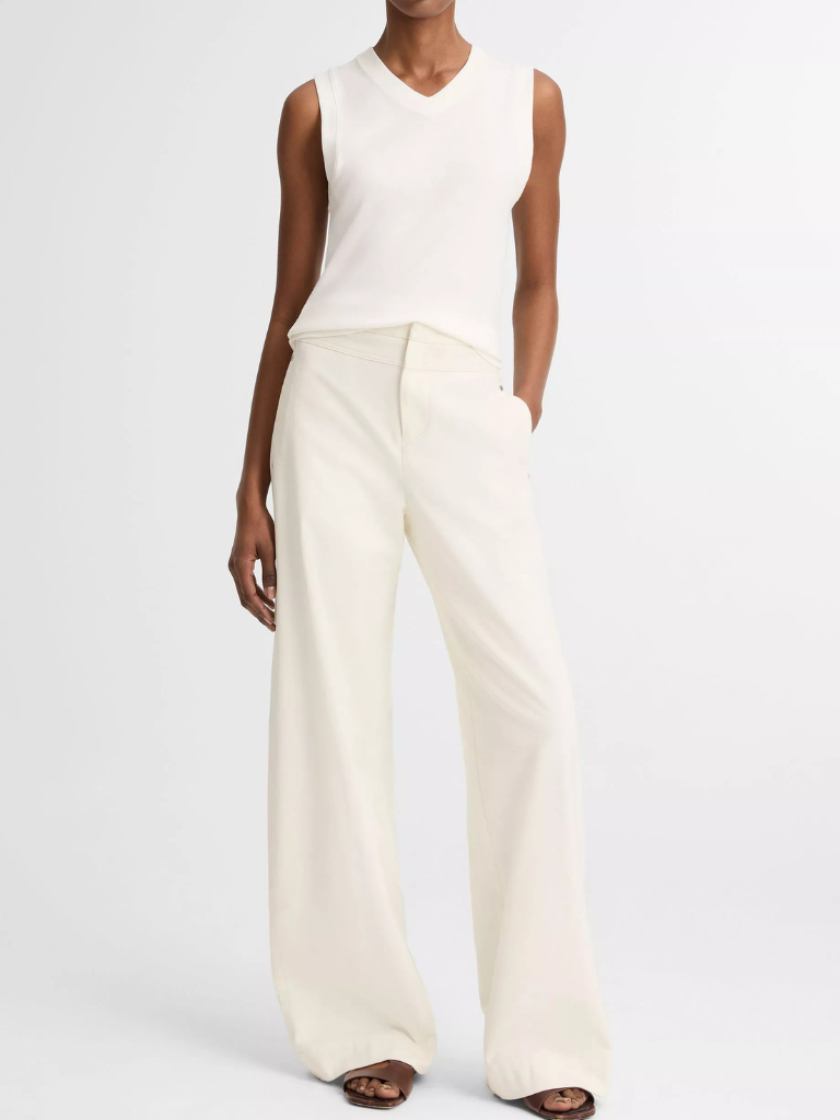 Pima Cotton-Blend High V-Neck Shell in White