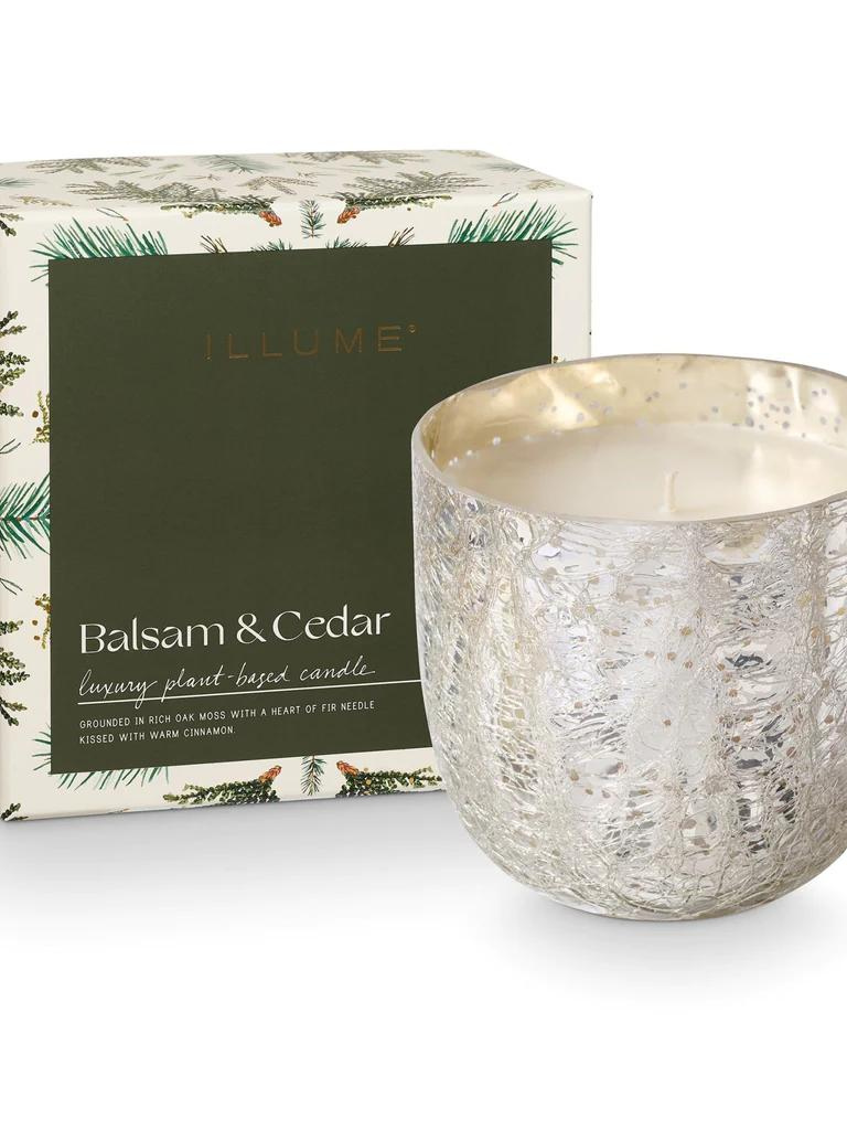 Large Boxed Crackle Glass Candle in Balsam & Cedar