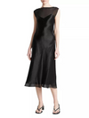 Chiffon-Layered Satin Slip Dress in Black