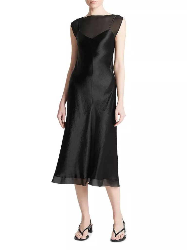 Chiffon-Layered Satin Slip Dress in Black