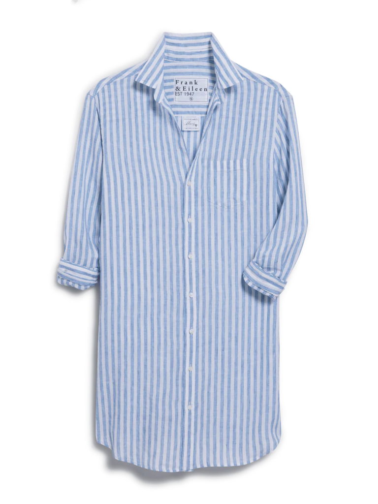 Mary Classic Linen Shirt Dress in White/Blue Stripe -WWSL