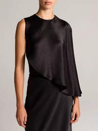 Satin Asymmetric Draped Cape Top in Black