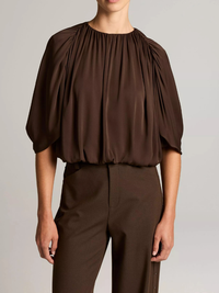 Stretch-Silk Cape-Sleeve Bubble Blouse in Pinewood