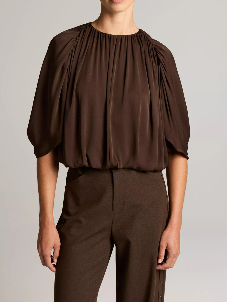 Stretch-Silk Cape-Sleeve Bubble Blouse in Pinewood