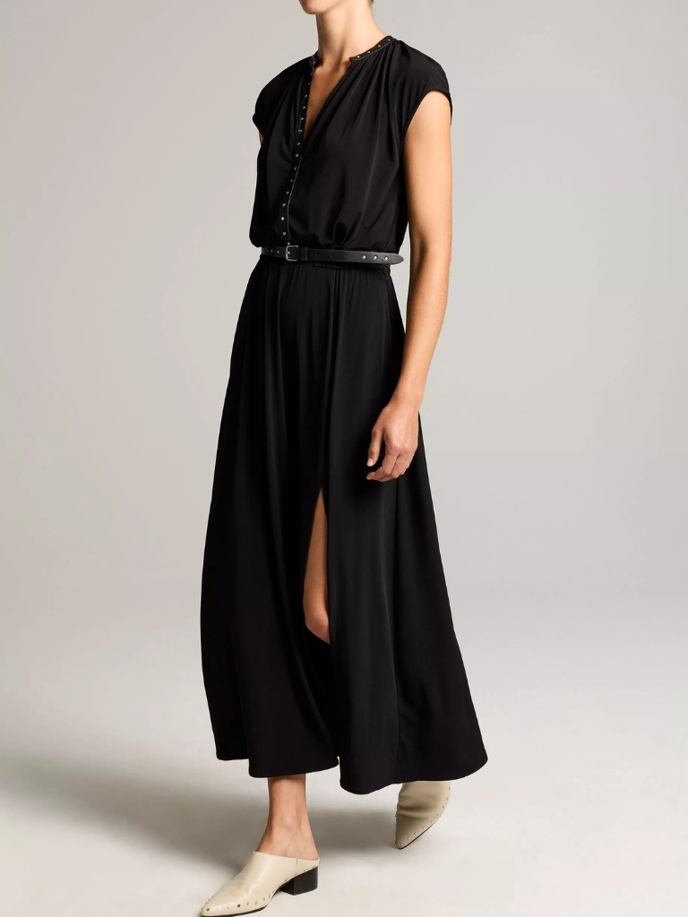 Studded Matte Jersey Cap-Sleeve Dress in Black
