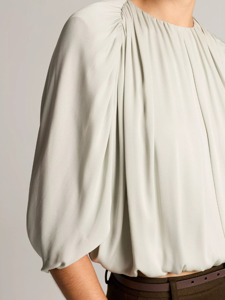 Stretch-Silk Cape-Sleeve Bubble Blouse in Stone Sage