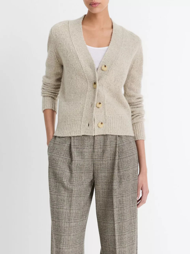 Donegal Cashmere V-Neck Cardigan in Biscuit