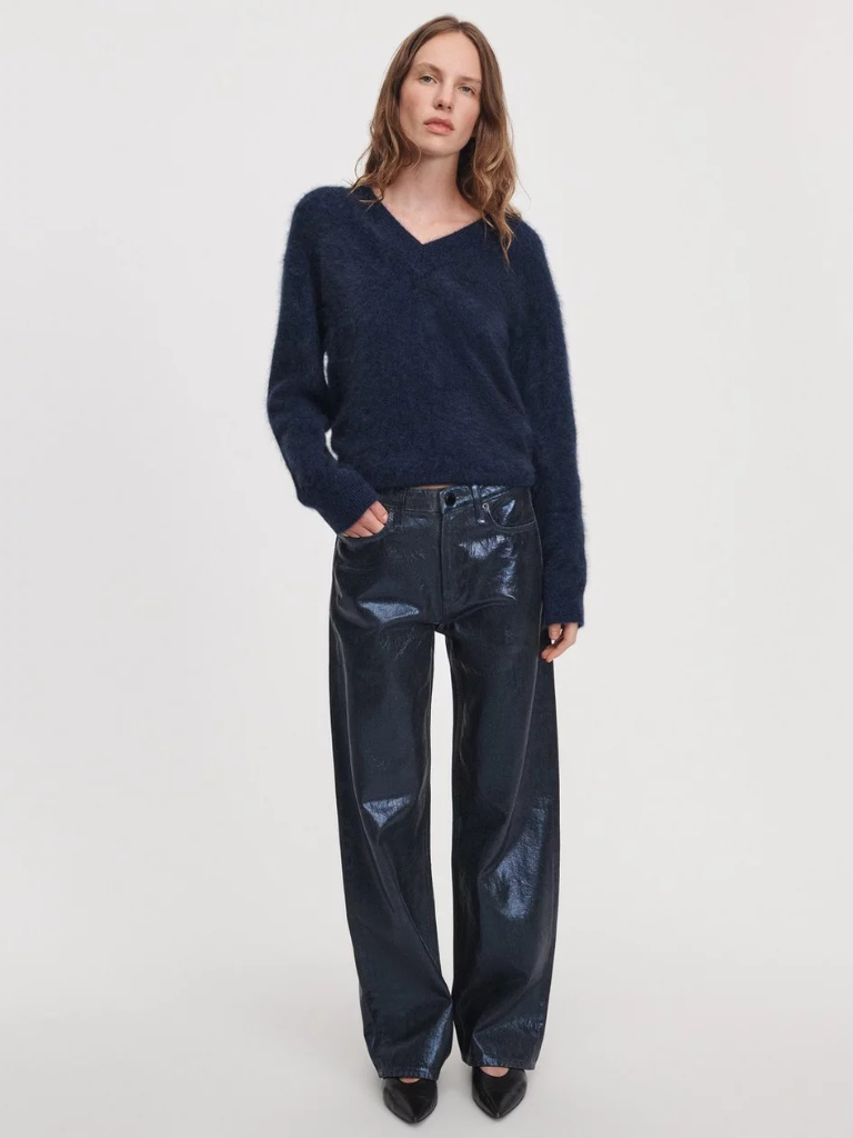 Logan Foil-Coated Wide-Leg Jean in Dark Rinse