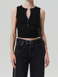Caralyn Button Front Rib Tank in Black