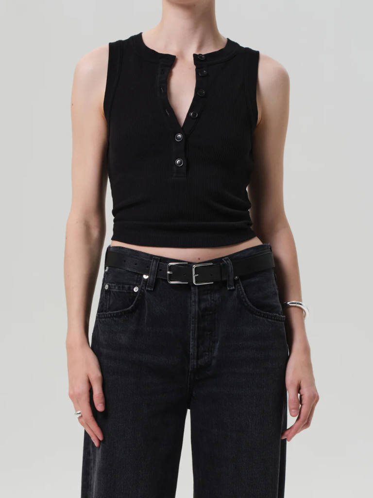Caralyn Button Front Rib Tank in Black