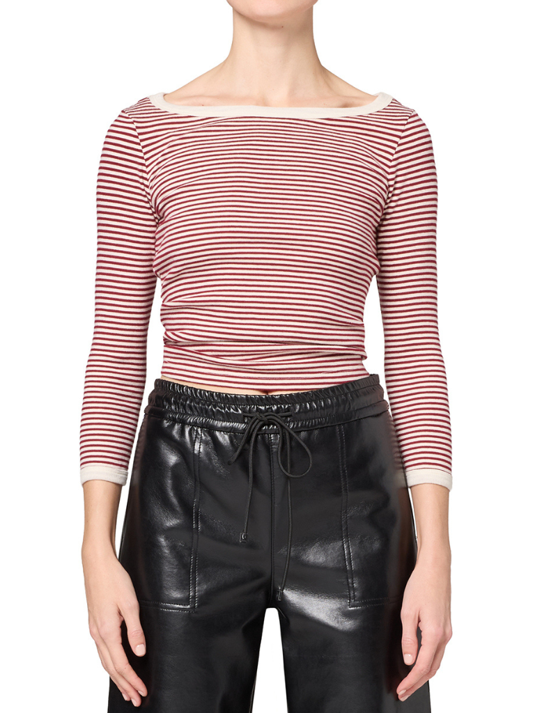 Boat Neck Slim Tee in Burgundy and Cream