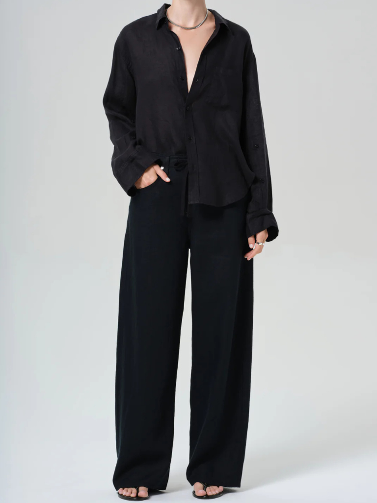 Brynn Drawstring Linen Trouser in Black